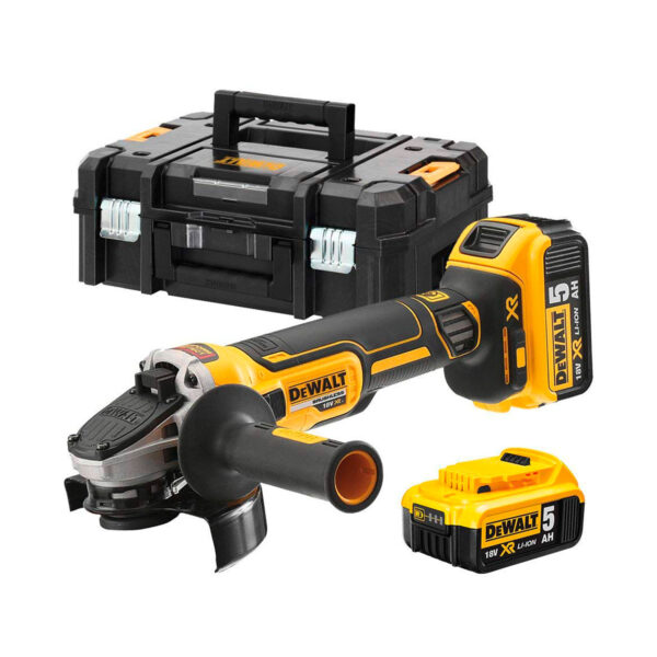 Ъглошлайф DeWALT акумулаторен с 2 батерии и зарядно, 18 V, 5 Ah, 125 мм, 9000 об./мин, DCG405P2