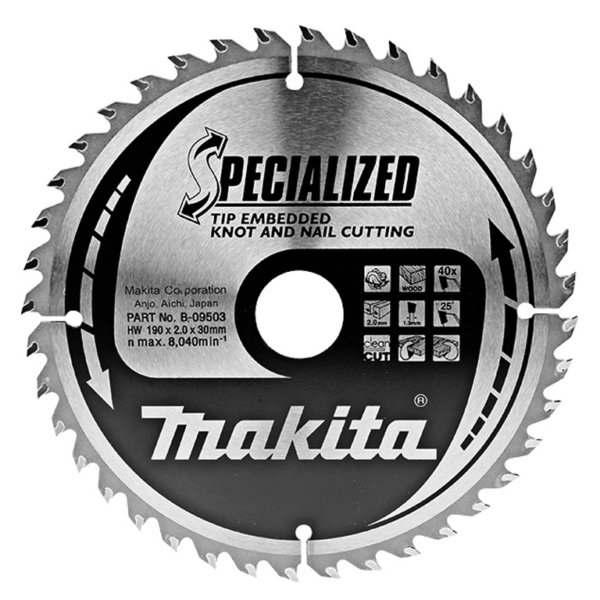 Диск метален HM за рязане на дърво напречно и надлъжно подаване 190x30x2 мм, 40 z, Specialized „Makita“