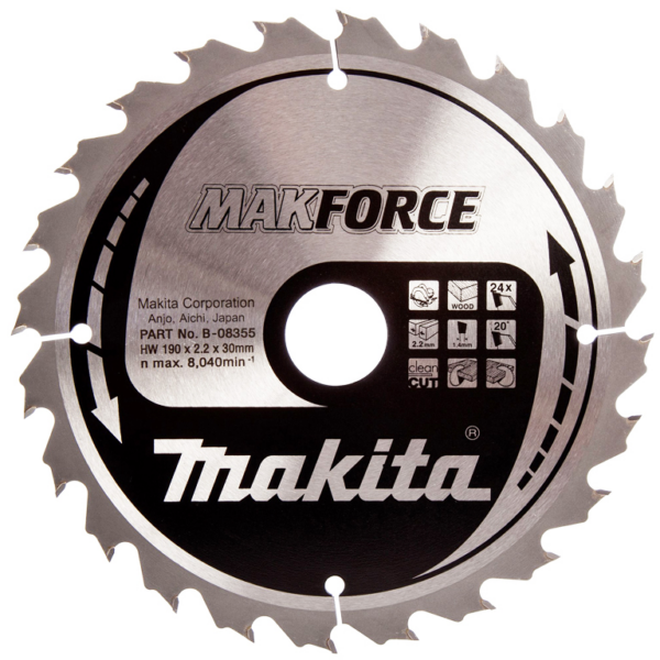 Диск метален „Makita“ HM за рязане на дърво напречно и надлъжно подаване 190x30x2.2 мм, 24 z, Makforce