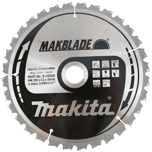 Диск метален HM за рязане на дърво напречно подаване „Makita“ 255x30x2.3 мм, 32 z, Makblade