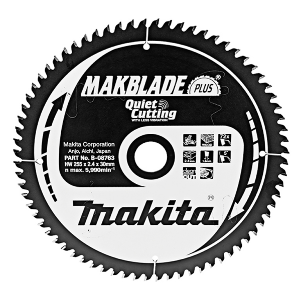 Диск метален HM за рязане на дърво напречно подаване 255x30x2.4 мм, 72 z, Makblade plus Makita