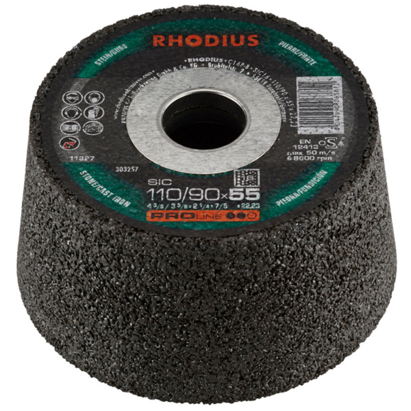 Диск керамичен за шлайфане от черен карборунд Rhodius 110x55x22.2 мм, чашковиден конусен, Sic, 1C 24P