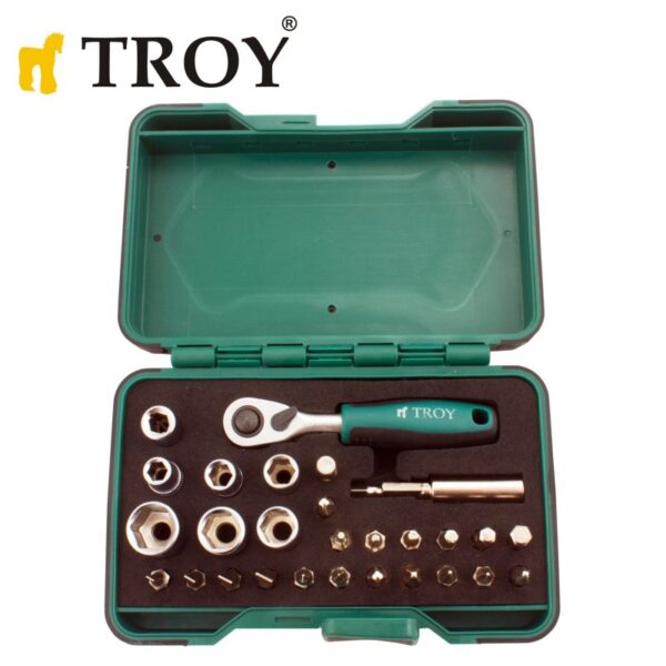 Комплект мини тресчотка с вложки и битове 1/4″ 28 части Troy 21948