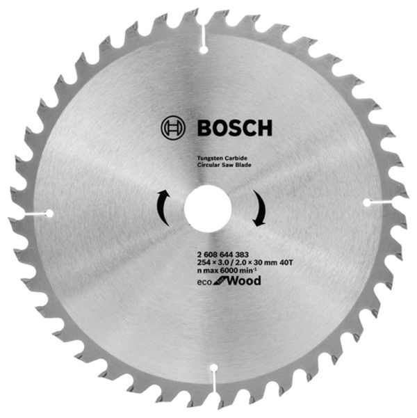 Диск циркулярен за рязане Bosch на дърво фино напречно надлъжно с HM пластини 254 мм, 40 z, 30 мм, 2 мм, Eco for Wood