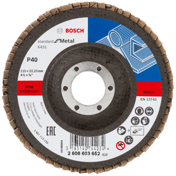 Диск от шкурка за шлайфане Bosch ламелен за метал 115 мм, 22.23 мм, P40, Standard for Metal X431