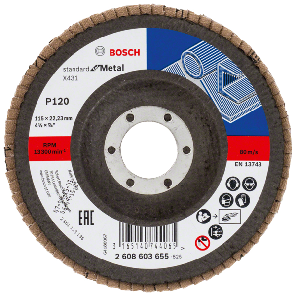 Диск от шкурка за шлайфане Bosch ламелен за метал 115 мм, 22.23 мм, P120, Standard for Metal X431