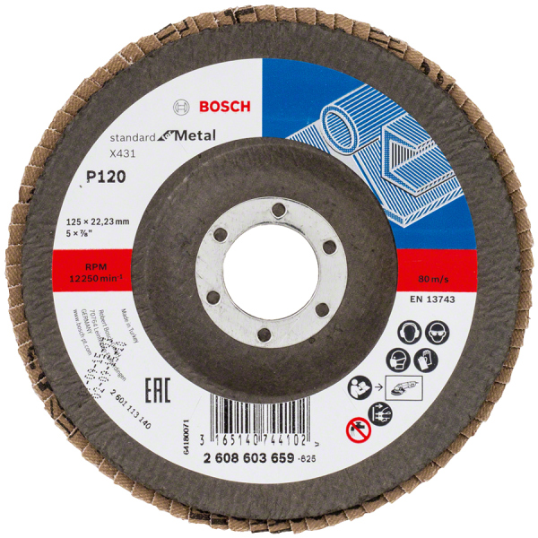 Диск от шкурка за шлайфане Bosch ламелен за метал 125 мм, 22.23 мм, P120, Standard for Metal