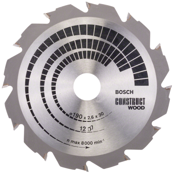 Диск циркулярен за рязане Bosch на дърво грубо с HM пластини 190x30x2.6 мм, 12 z, Construct Wood