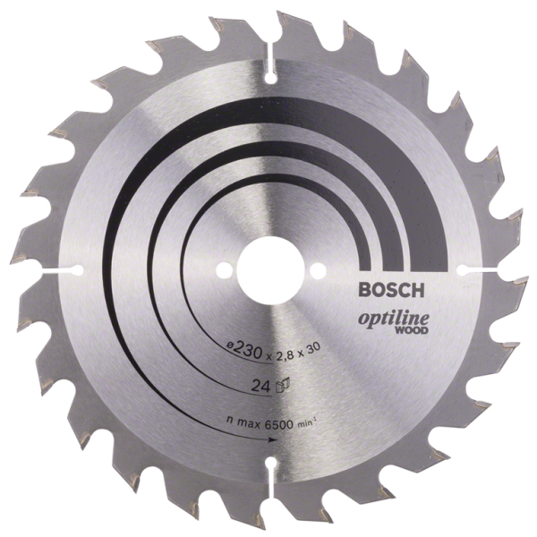 Диск циркулярен за рязане Bosch на дърво грубо напречно с HM пластини 230x30x2.8 мм, 24 z, Optiline Wood