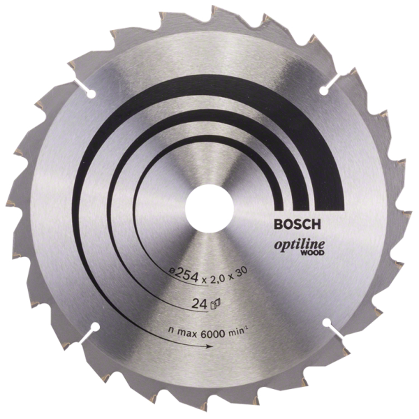 Диск циркулярен за рязане Bosch на дърво фино напречно надлъжно с HM пластини 254x30x2 мм, 24 z, Optiline Wood