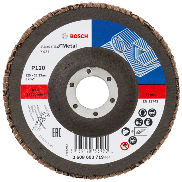 Диск от шкурка за шлайфане Bosch ламелен за метал 125 мм, 22.23 мм, P120, Standard for Metal X431