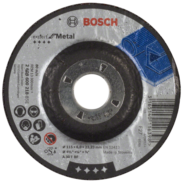 Диск карбофлексен за шлайфане Bosch на метал 115 мм, 22.23 мм, 6 мм, Expert for Metal