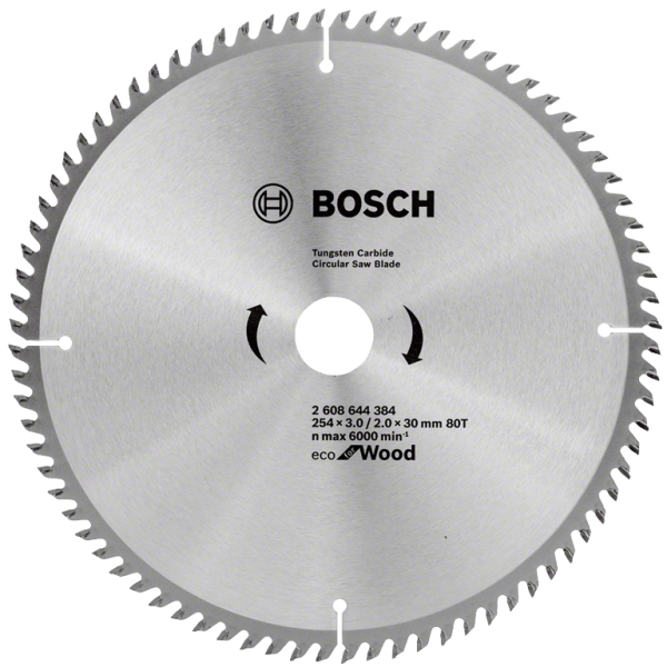 Диск циркулярен за рязане Bosch на дърво фино напречно надлъжно с HM пластини 254 мм, 80 z, 30 мм, 2 мм, Eco for Wood