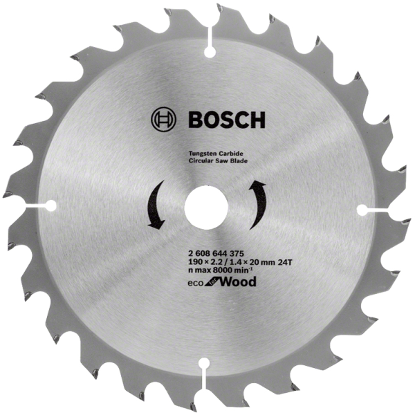 Диск циркулярен за рязане Bosch на дърво напречно надлъжно с HM пластини 190 мм, 24 z, 20 мм, 1.4 мм, Eco for Wood
