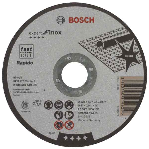 Диск карбофлексен за рязане Bosch на неръждаема стомана 125 мм, 22.23 мм, 1 мм, Expert for Inox – Rapido