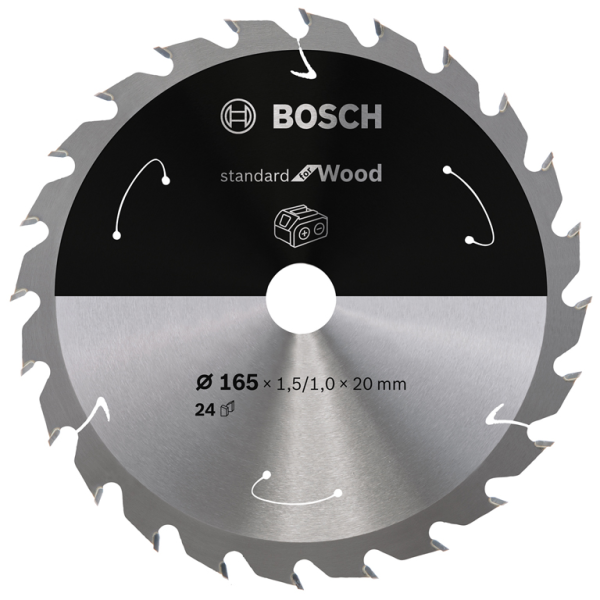 Диск карбиден за рязяне Bosch на дърво 165 мм, 20 мм, 1 мм, 24 z, Standard for Wood