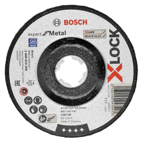 Диск карбофлексен за шлайфане Bosch на метал 125 мм, 22.23 мм, 6 мм, X-LOCK Expert for Metal