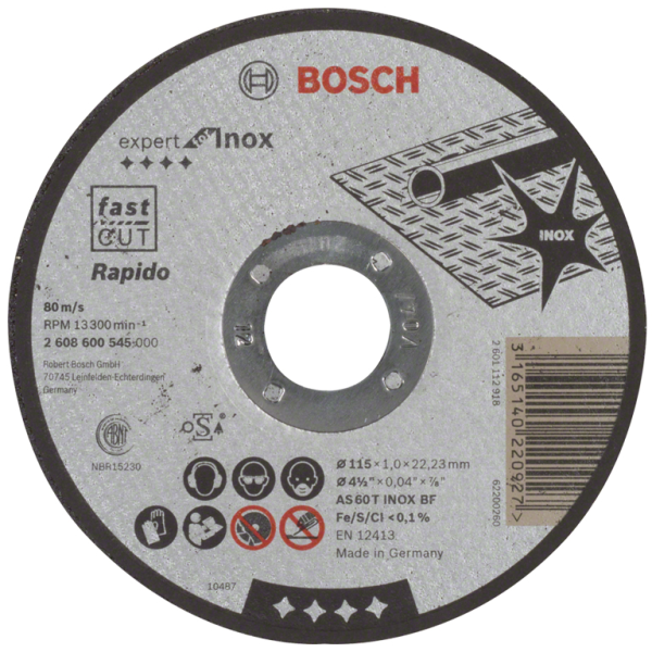 Диск карбофлексен за рязане Bosch на неръждаема стомана 115 мм, 22.23 мм, 2 мм, Expert for Inox – Rapido