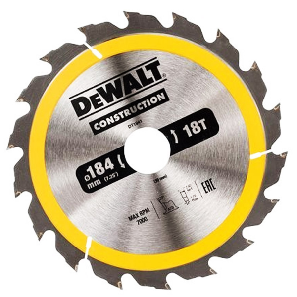 Диск циркулярен за рязане DeWALT на дърво грубо с HM пластини 184 мм, 30 мм, 18 z, Construction