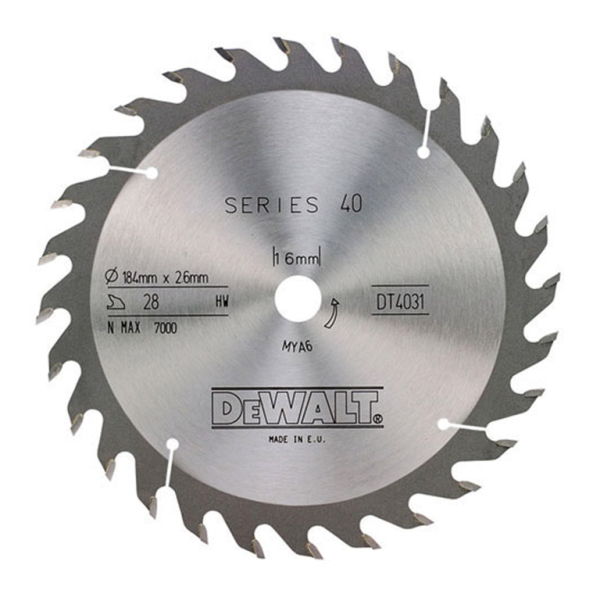 Диск циркулярен за рязане DeWALT на дърво напречно надлъжно с HM пластини 184 мм, 16 мм, 1.8 мм, 28 z, Extreme