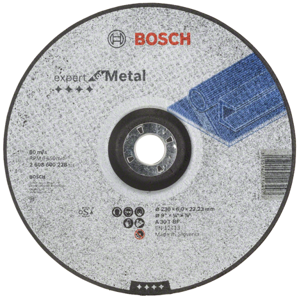 Диск карбофлексен за шлайфане Bosch на метал 230 мм, 22.2 мм, 6 мм, Expert for Metal