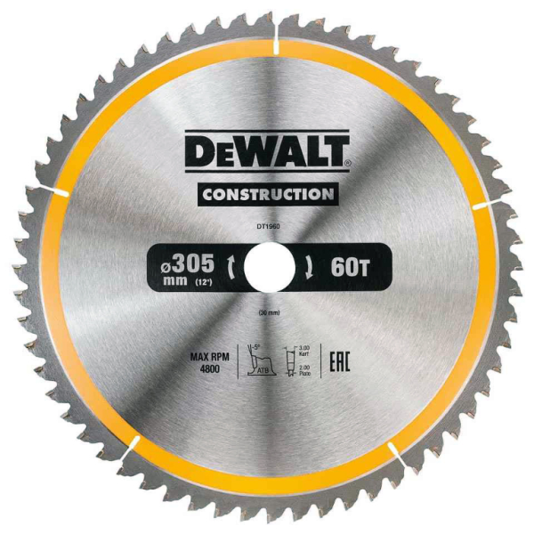 Диск циркулярен за рязане DeWALT на дърво фино напречно с HM пластини 305 мм, 30 мм, 2 мм, 60 z, Construction