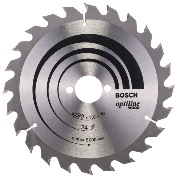 Диск циркулярен за рязане Bosch на дърво фино напречно надлъжно с HM пластини 190x30x2 мм, 24 z, Optiline Wood