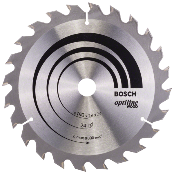 Диск циркулярен за рязане Bosch на дърво фино напречно надлъжно с HM пластини 190x20x2.6 мм, 24 z, Optiline Wood