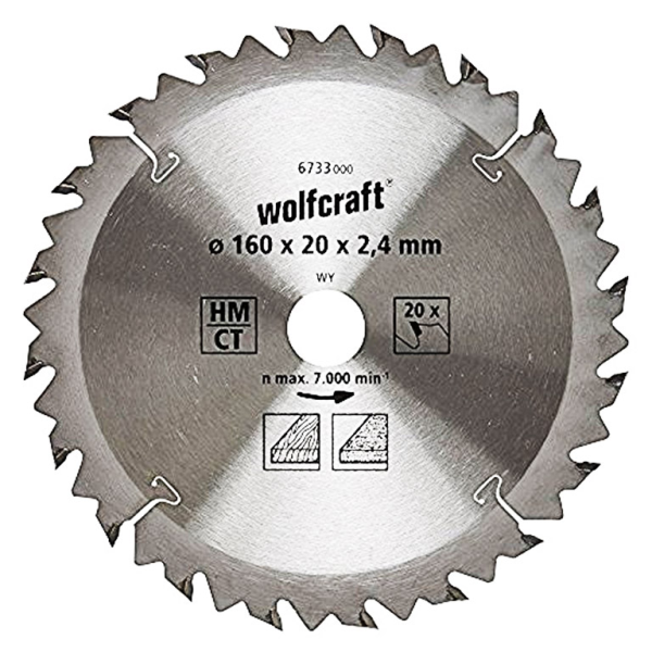 Диск циркулярен за рязане Wolfcraft на дърво напречно надлъжно с HM пластини 160 мм, 20 мм, 20 z