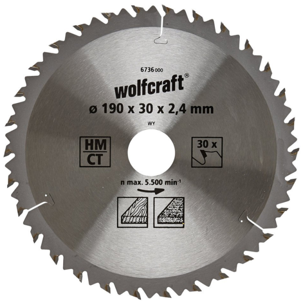 Диск циркулярен за рязане Wolfcraft на дърво фино напречно надлъжно с HM пластини 190 мм, 30 мм, 30 z