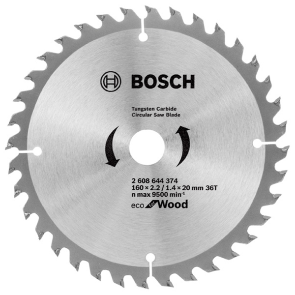 Диск циркулярен за рязане Bosch на дърво фино напречно с HM пластини 160x20x2.2 мм, 36 z, Eco for Wood