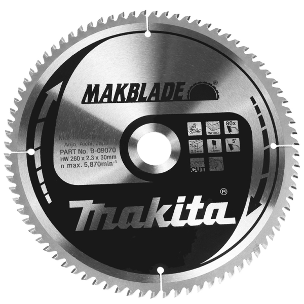 Диск циркулярен за рязане Makita на дърво фино напречно с HM пластини 260x30x2.3 мм, 80 z, Makblade