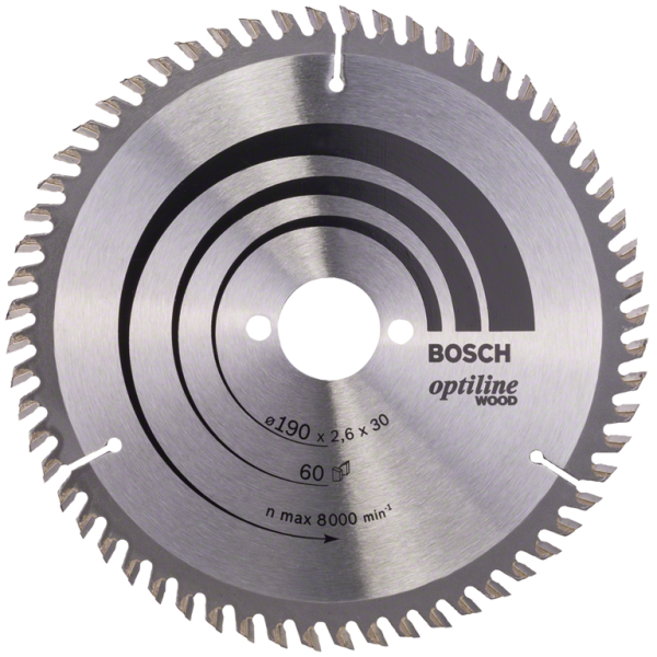 Диск циркулярен за рязане Bosch на дърво фино напречно надлъжно с HM пластини 190 мм, 60 z, 30 мм, 1.6 мм, Optiline Wood