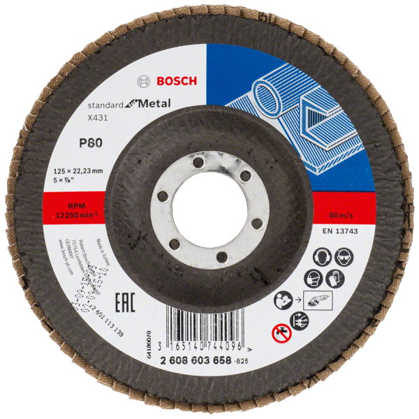 Диск Bosch от шкурка за шлайфане ламелен за метал 125 мм, 22.23 мм, P80, Standard for Metal X431