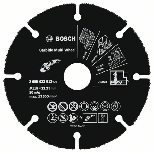 Диск карбиден за рязане Bosch на дърво, пластмаса, цветни метали 115 мм, 22.23 мм, 1 мм, Carbide Multi Wheel