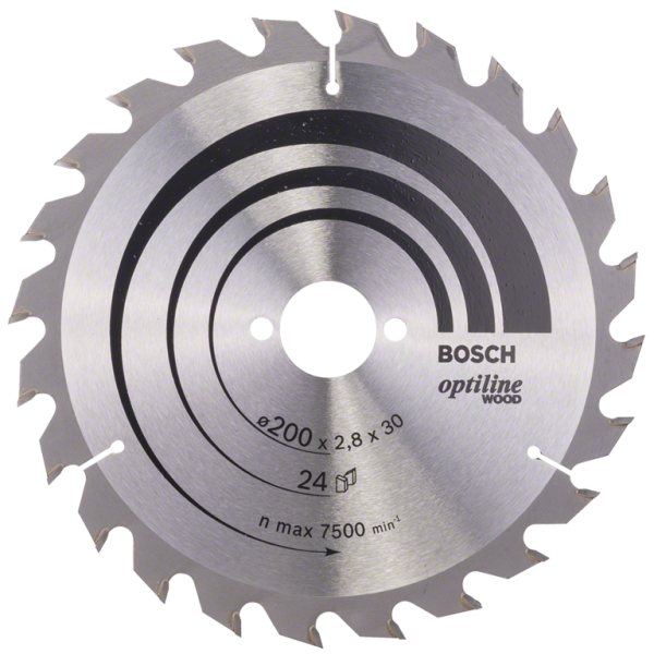 Диск циркулярен за рязане Bosch на дърво напречно надлъжно с HM пластини 200 мм, 24 z, 30 мм, 1.8 мм, Optiline Wood