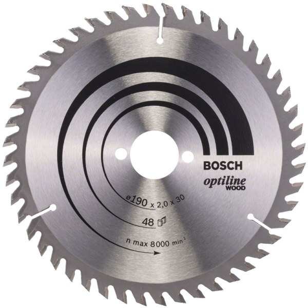 Диск циркулярен за рязане Bosch на дърво фино напречно надлъжно с HM пластини 190 мм, 48 z, 30 мм, 1.3 мм, Optiline Wood
