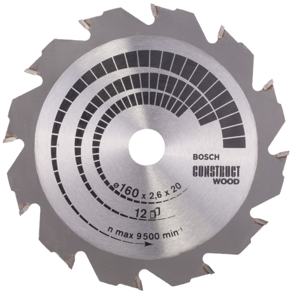 Диск циркулярен за рязане Bosch на дърво грубо с HM пластини 160x20x2.6 мм, 12 z, Construct Wood