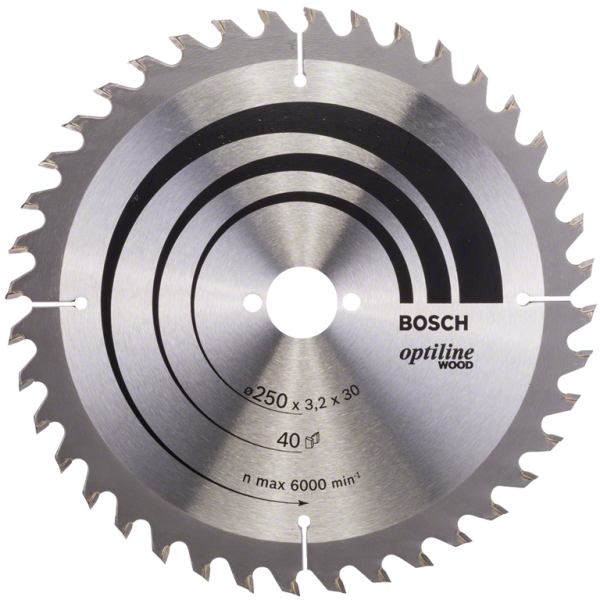 Диск циркулярен за рязане Bosch на дърво фино напречно надлъжно с HM пластини 250 мм, 40 z, 30 мм, 2.2 мм, Optiline Wood