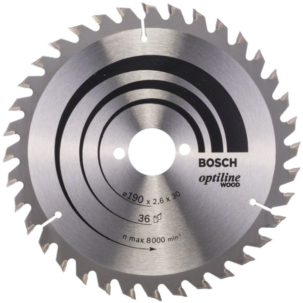 Диск циркулярен за рязане Bosch на дърво фино напречно надлъжно с HM пластини 190 мм, 36 z, 30 мм, 1.6 мм, Optiline Wood