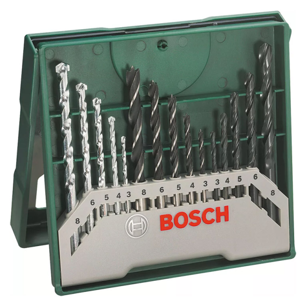Свредла за дърво Bosch метал, дърво и камък к-кт 15 бр. 3-8 мм, Mini-X-Line
