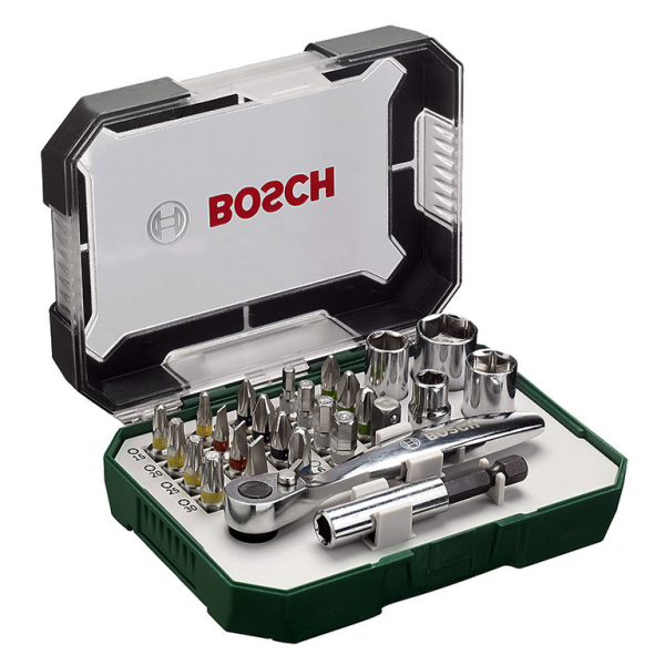 Накрайник комплект Bosch вложки с тресчотка и накрайници 26 бр., 3-6 мм х 1/4″