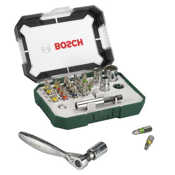 Накрайник комплект Bosch вложки с тресчотка и накрайници 26 бр., 3-6 мм х 1/4″