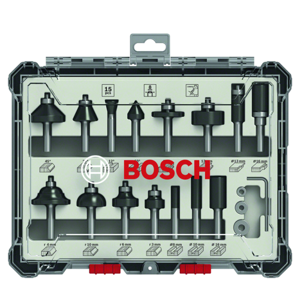 Фрезер за дърво профилен Bosch с карбидни пластини комплект 15 бр., ф 8 мм