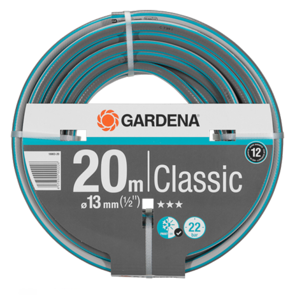 Маркуч Gardena PVC 2-слоен армиран за поливане 13 мм, 22 bar, 20 м, черно/синьо, Classic