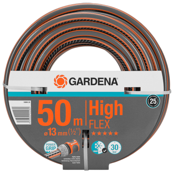 Маркуч Gardena PVC 2-слоен армиран за поливане 13 мм, 30 bar, 50 м, черно/оранжево, Comfort High FLEX