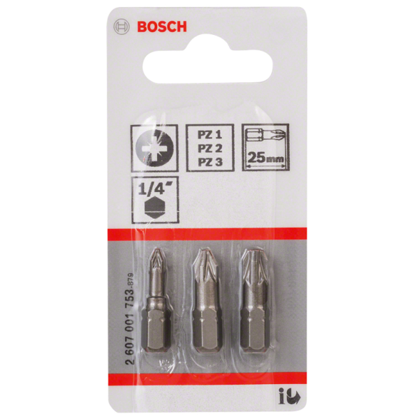 Накрайник битове Bosch PZ 1, 2 и 3 мм, 1/4″, 25 мм, 3 бр., Extra Hard
