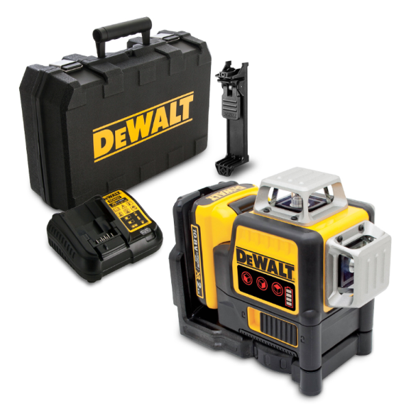 Нивелир лазерен линеен DeWALT с 3 лъча батерия и зарядно, 30 м, 50 м, 0.3 мм/м, DCE089D1R