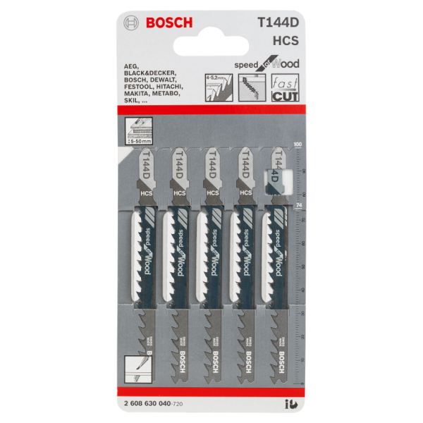 Нож за „зеге“ Bosch с T-захват за дърво комплект 74/100 мм, 6.35-5 TPI, 5 бр., праволинейно, T 144 D