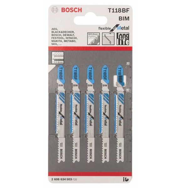 Нож за „зеге“ Bosch с T-захват за дебела ламарина комплект 67/92 мм, 13-11 TPI, 5 бр., праволинейно, T 118 BF